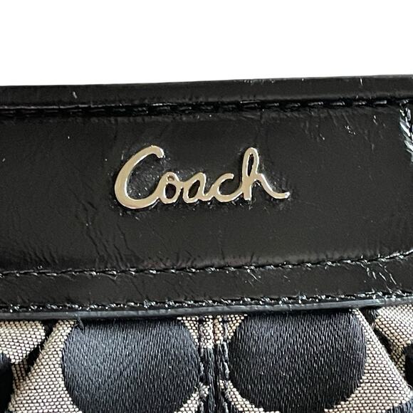 COACH Signature Black Leather Pleated Canvas Top Zip Wristlet Bag Logo Hang Tag - Picture 3 of 10